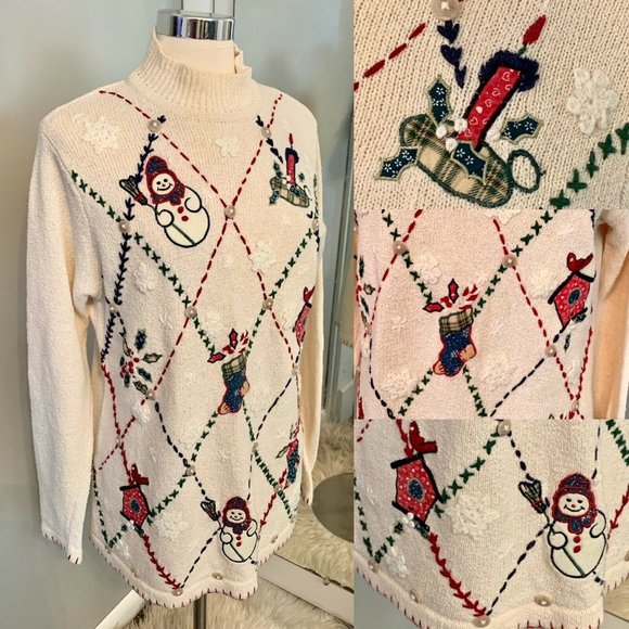 Vintage Christmas sweater pullover cream plaid Victoria Jones size M snowman - Picture 9 of 9
